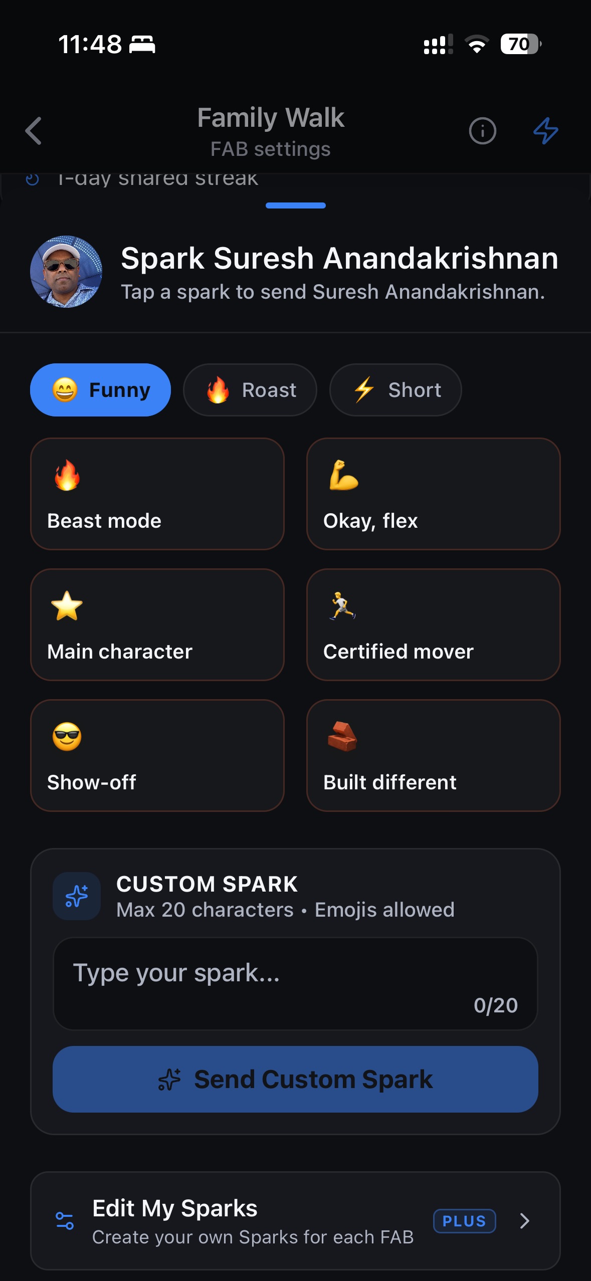 Kyool Spark sheet for a teammate: tone tabs Funny, Roast and Short, six quick Sparks such as Beast mode and Certified mover, a custom Spark field of up to 20 characters, and Edit My Sparks marked Plus